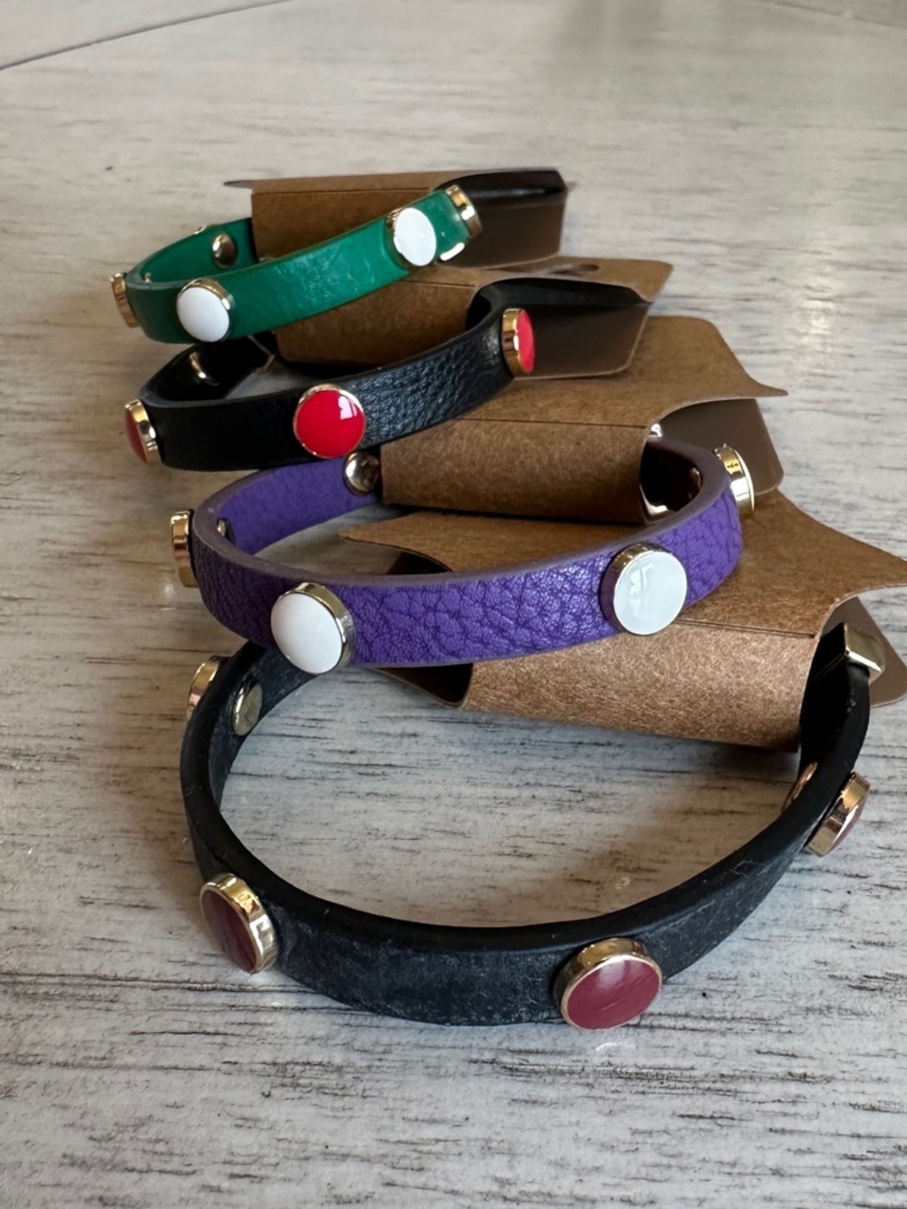 Enamel Studded Pleather Bracelet Set of 4 - Black, Purple, Green, Red Accents